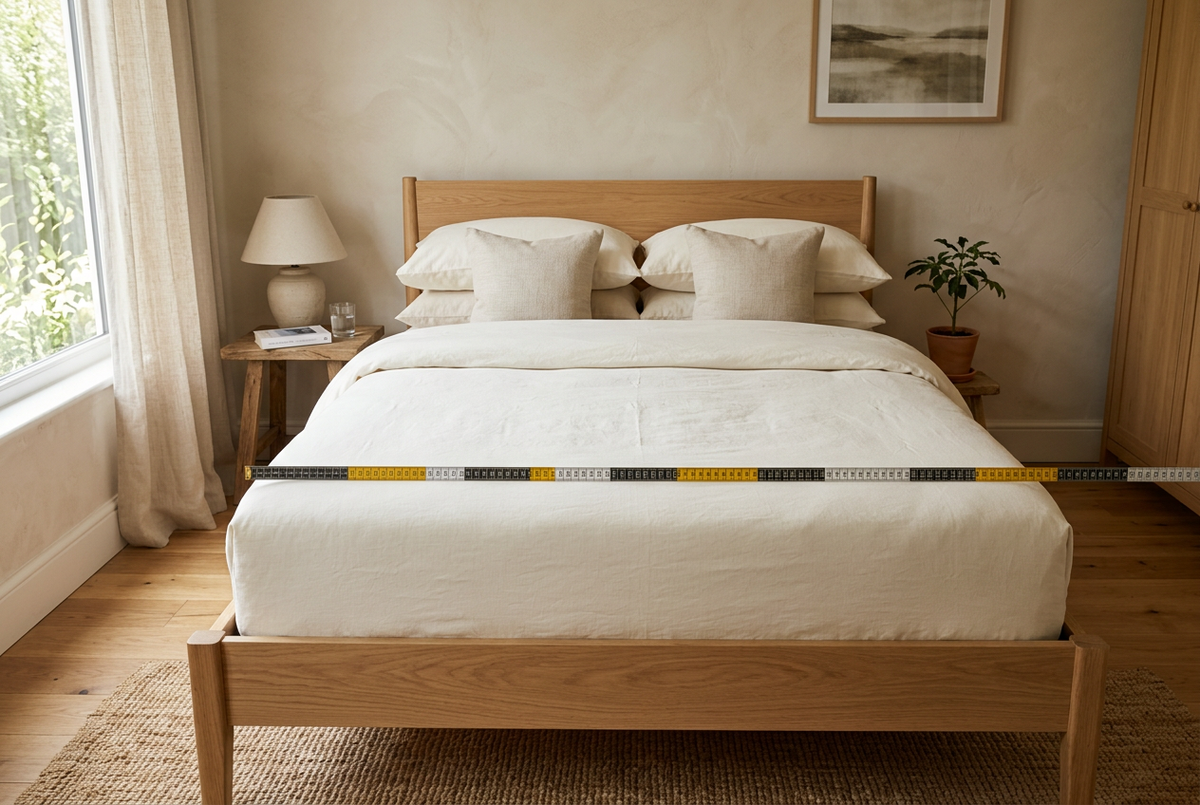 Illustrative bedroom with a measuring tape across the foot of a bed