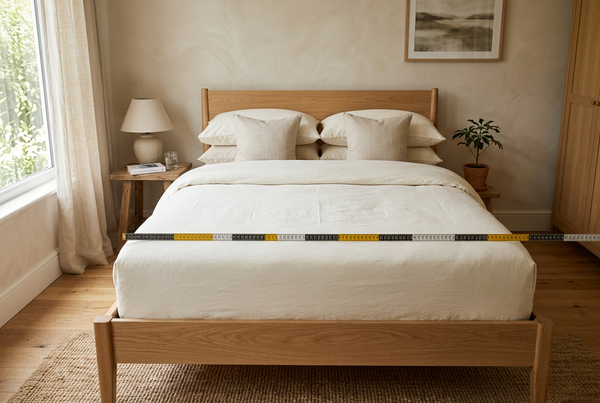 Illustrative bedroom with a measuring tape across the foot of a bed